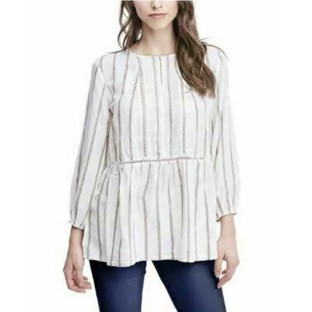 NWT Fever Crochet Insert Tan Ivory Vertical Stripe 3/4 Sleeve Peasant Top XXL